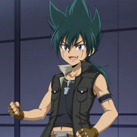 1boy, kyoya, outfit2, sleeveless dark jacket, vest, fang, green hair, necklace, gloves, fingerless gloves, ponytail, blue eyes