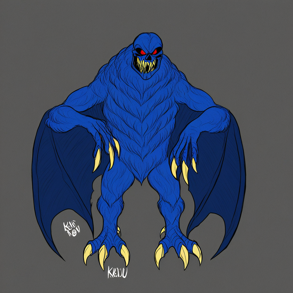 solomon, kaiju, demonic kaiju, no humans, humanoid, skull face, monster, dark blue fur, dark blue skin, glowing red eyes, sharp teeth, humanoid arms, sharp claws, bat wings coming out of his arms, bird feet with 3 white claws, 4-fingered hands with white claws,