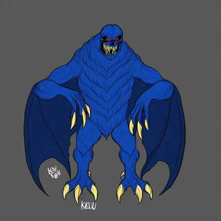 solomon, kaiju, demonic kaiju, no humans, humanoid, skull face, monster, dark blue fur, dark blue skin, glowing red eyes, sharp teeth, humanoid arms, sharp claws, bat wings coming out of his arms, bird feet with 3 white claws, 4-fingered hands with white claws,