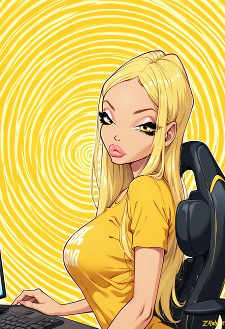 score_9, score_8_up, score_7_up, BREAK, 1girls, Zfive, standing, posing, gaming mouse, sexy soft yellow short t-shirt, gaming computer, gaming chair, monitor, upper body focus, (looking at viewer), gamer, bimbo, (yellow neon background:1.2), bored face, tired face, (noise reduction panels:1.2),
stella, yellow hair, mature lady, long hair, yellow eyes, BREAK,
detailed face, room background,
