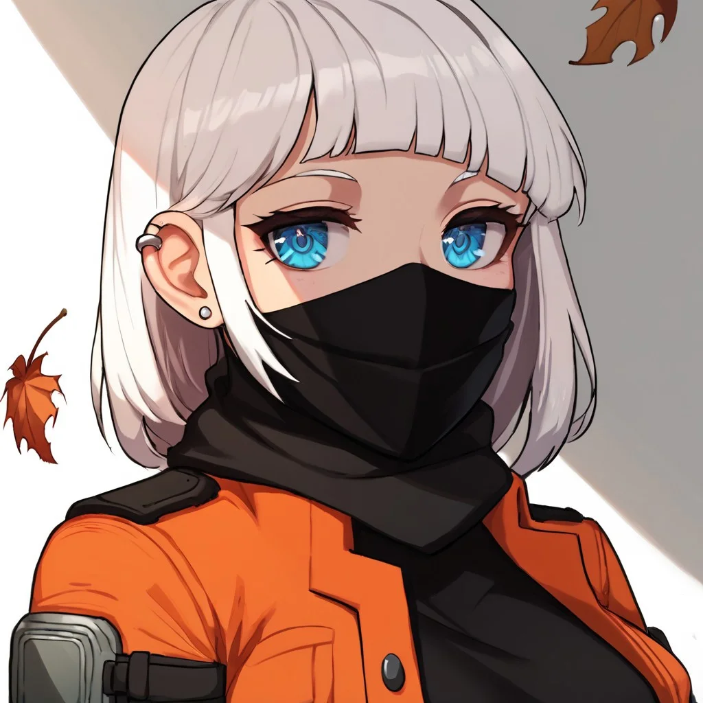 Shadower, female, woman, girl, solo, 1girl, white hair, blue eyes, straight hair, medium hair, smooth hair, mouth mask, ninja mask, shadower mask, scarf, scarf mask, double scarf, ragged scarf, torn scarf, shadower scarf, earring piercing, piercing earrings, piercing, earring, light skin, fair skin, black and dark brown clothes, orange jacket, fingerless gloves, pads, details, pocket, belt, boots, shoes, perfect hands, perfect fingers,masterpiece, beautiful, good quality, 5 fingers, five fingers, flawless, maple leaf, maple leaves, forest background, perfect, perfect anatomy, good anatomy, perfection, gorgeous, high quality, detailed, detailed eyes, detailed face, perfect eyes, beautiful, beautiful eyes, amazing, BREAK, score_9, score_8_up, score_7_up
