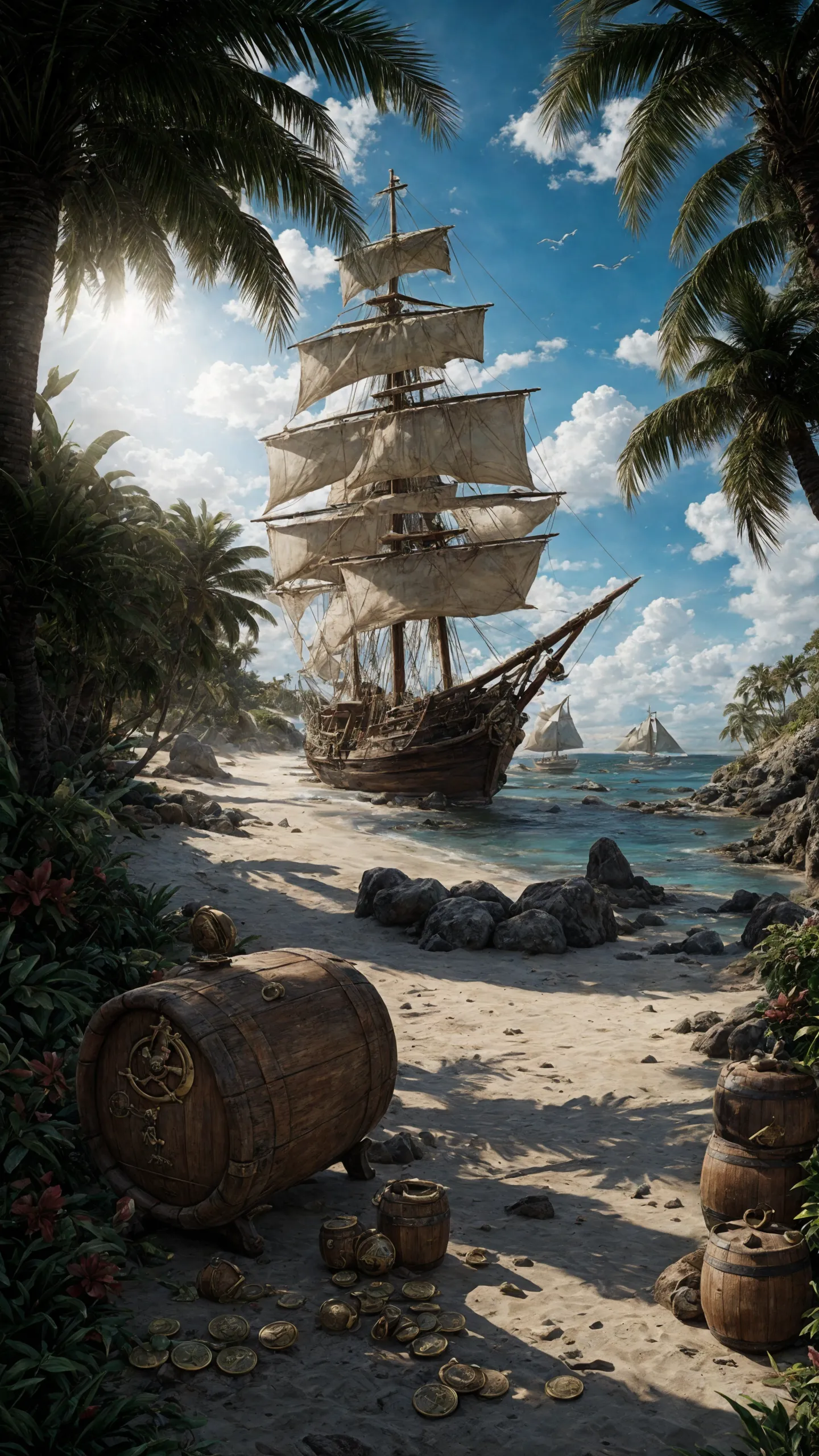 (illustration:1.2), (beautiful caribbean beach pirate landscape), fantasy, sharp focus, (ultradetailed), (ship galleon:1.2), pirate (village), leafy beach coast, (treasure chest with coins, gems and jewels, rum barrel, best quality masterpiece, bright sunny sky, backlight, natural lights, high contrast, hdr, shadows, pretty, beautiful, (PirateDiffusionprt:0.5), <lora:Pirate:0.3> PrateT <lora:PirateRealms:0.3> <lora:Detail Tweaker LoRA add_detail:0.7> <lora:depth_of_field_slider_v1:5> <lora:SDXLrender_v2.0:0.8>