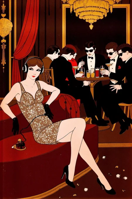 ernestogarciacabral1 illustration.
A luxurious, dimly lit lounge set in 1970s Italy, exuding vintage charm and opulence. A stylish young woman in a lace dress, wearing oversized headphones, lounges on a plush velvet couch with an air of cool detachment. She dons sleek black gloves, embodying the effortless glamour of the era. In the background, a group of fashionable, well-dressed people in tailored suits and cocktail dresses sit around a table, enjoying drinks and conversation, all wearing sunglasses. The room is adorned with ornate gold decor, rich velvet textures, and the warm glow of dim lighting, evoking the chic sophistication of Italy's high society in the 1970s.
<lora:ernestogarciacabral1_cap_d6a3:1.0><lora:849847850597646189:0>