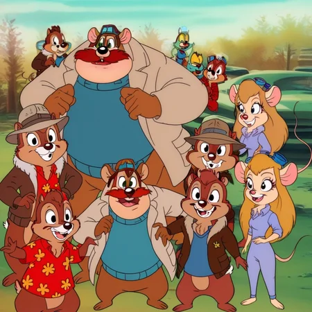 5characters, 1mouse boy, 1mouse girl, goggles, helmet, 4boys, mouse tail, chipmunk tail, red shirt, fly wings, brown jacket, anthro, blue sweater, 1fly boy, beige jacket, blue overalls, hat, red hair, furry, red t-shirt, 1girl, 2chipmunk boys, red big mustache, fur collar