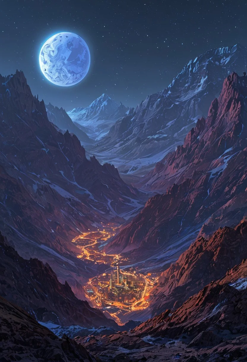 A captivating night scene illustration featuring a bright and inviting futuristic space base on a great  great mountain. The great technologically advanced base and mountain are much like Neuschwanstein Castle in Bavaria. A train travels across the tracks which run through the mountains. This enchanting artwork captures a dark but comforting night, where 2 brilliant moons hang above and over the  great valley  and advanced space fortress which  stands resolute amidst the great mountains, creating a cinematic experience., space_backround, illustration, cinematic
<lora:DonM3t3rn1tyXL-v1.1:0.7>, DonM3t3rn1tyXL,
OverallDetailXL  <lora:MJ52:0.3>  <lora:SDXLFaeTastic2400:0.4>  <lora:EpicF4nta5yXL:0.7>