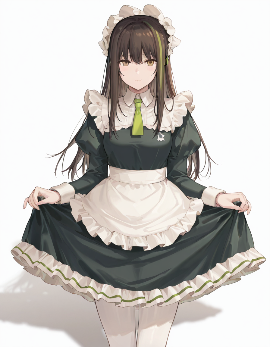 Volumetric Lighting, (masterpiece), (best quality), (ultra-detailed), masterpiece, source_anime, score_9, score_8_up, score_7_up BREAK, illustration, disheveled hair, detailed eyes, perfect composition, moist skin, intricate details BREAK, M4A1, long hair, black hair, streaked hair, green hair, golden eyes BREAK, M4cafe, cfe_pantyhose, white pantyhose, cfe_necktie, cfe_headdress, cfe_apron, cfe_maid_dress,frilled dress,BREAK, ((white background)), smile,standing,shadow, skirt lift, lifted by self