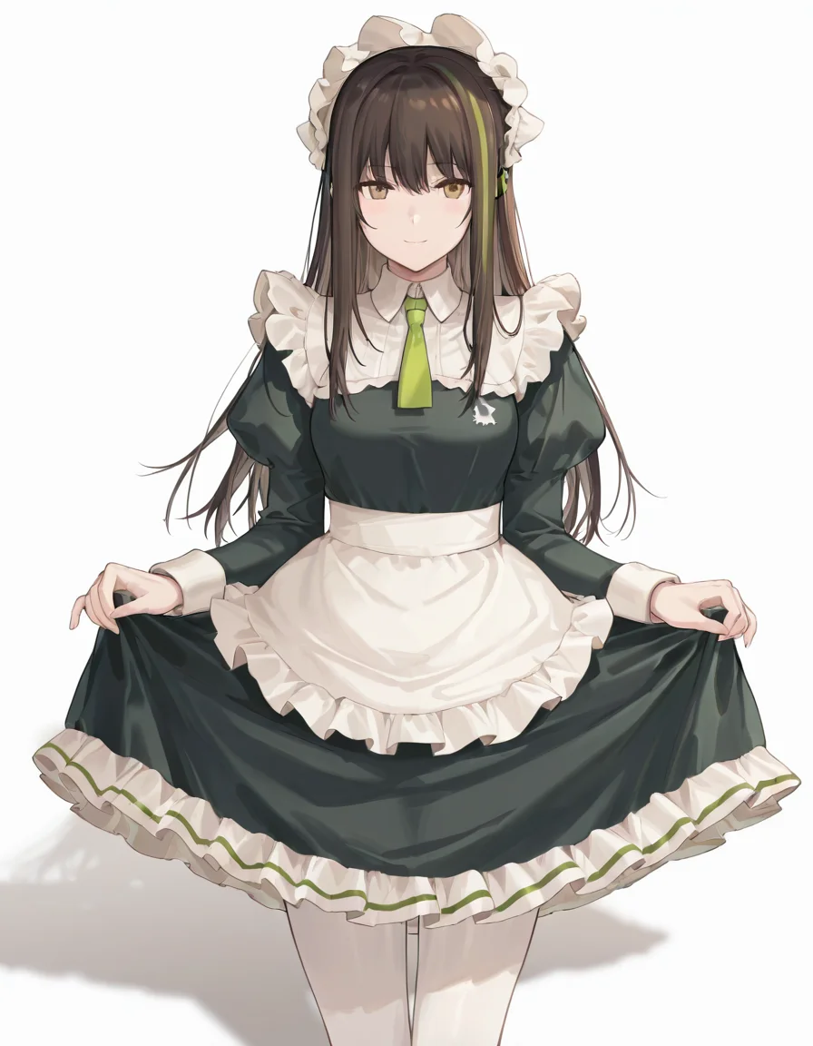 Volumetric Lighting, (masterpiece), (best quality), (ultra-detailed), masterpiece, source_anime, score_9, score_8_up, score_7_up BREAK, illustration, disheveled hair, detailed eyes, perfect composition, moist skin, intricate details BREAK, M4A1, long hair, black hair, streaked hair, green hair, golden eyes BREAK, M4cafe, cfe_pantyhose, white pantyhose, cfe_necktie, cfe_headdress, cfe_apron, cfe_maid_dress,frilled dress,BREAK, ((white background)), smile,standing,shadow, skirt lift, lifted by self