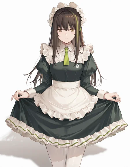 Volumetric Lighting, (masterpiece), (best quality), (ultra-detailed), masterpiece, source_anime, score_9, score_8_up, score_7_up BREAK, illustration, disheveled hair, detailed eyes, perfect composition, moist skin, intricate details BREAK, M4A1, long hair, black hair, streaked hair, green hair, golden eyes BREAK, M4cafe, cfe_pantyhose, white pantyhose, cfe_necktie, cfe_headdress, cfe_apron, cfe_maid_dress,frilled dress,BREAK, ((white background)), smile,standing,shadow, skirt lift, lifted by self
