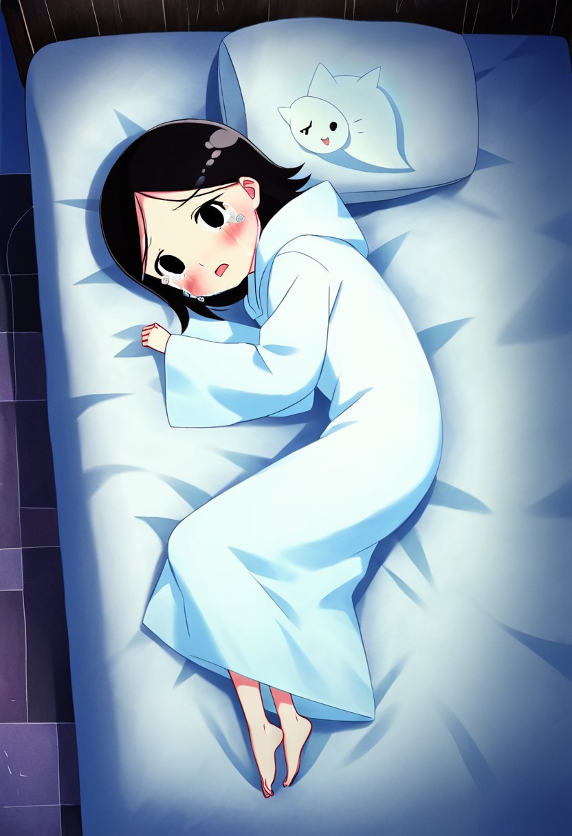 zPDXL3, source_cartoon, Perfect Hands, full body,
1girl, solo, bedroom, looking at viewer, saoirse, black hair, black eyes, blush, ghost, hood up, robe, barefoot, glowing, lying on bed, from above, lying on side, facing at viewer, feeling cold, eyes open, crying sadly, fear, open mouth, sleeve past wrist, slim body, long body, highlight cloth wrinkle, anime style,
<lora:Perfect Hands:1>  <lora:Saoirse_-_The_Song_of_the_Sea-000009:1>