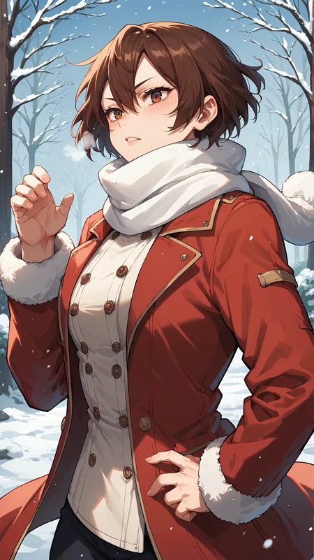 score_9,score_8_up,score_7_up,score_6_up, <lora:xl_more_art-full_v1:0.5>, source_anime, woman, dynamic pose, standing with hand on her hip, <lora:Shino Sosaki (Mandalay) - Pony:0.8>, short hair, brown hair, hair between eyes, brown eyes, winter coat, red coat, scarf, winter, visible breath, snowing, white scarf,