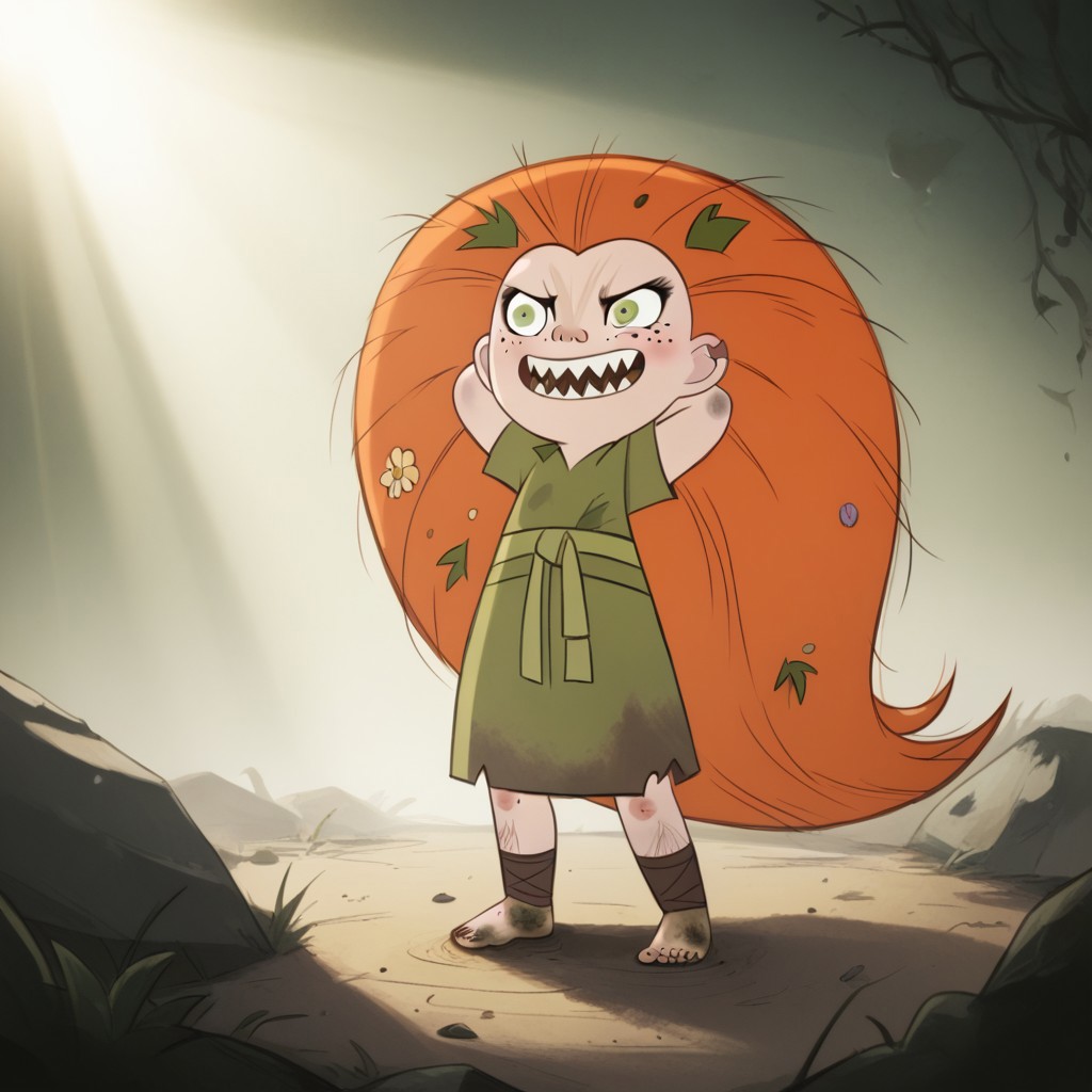 score_9, score_8, score_9, BREAK, mebh, orange hair, long hair, green eyes, freckles, sharp teeth, hands behind head, bare foot, dirty feet, outdoors, sunlight, shadows, natural lighting,
