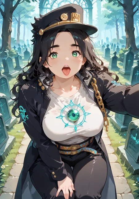 IllusP0s, PonyScores7, source_anime, ah1, IllustriousQual, interesting, exciting, spectacular, wonderful, 
BREAK <lora:xl_more_art-full_v1:0.2>, <lora:aesthetic_anime_v1s:0.2>, <lora:EpicF4nta5yXL:0.2>, <lora:detailxl:0.2>, detailxl, <lora:Fant5yP0ny:0.2>, amazing quality, best aesthetic, absurdres, illustration, Volumetric_Lighting, ultra-detailed, very aesthetic, intricate details, best_quality, <lora:Anime_Aesthetic_Wallpaper_StyleIllustriousXL:0.4>, aniwall,
BREAK ((selfie)),
BREAK Stable_Yogis_PDXL_Positives, AS-Adult, <lora:Complicated fantasy portrait - XL Pony V2.0:0.2>, bad-hands-5, <lora:HDA_Detailer:0.3>, <lora:natsumi_style:0.5>, <lora:by_usakun-pony:0.4>, by usakun, <lora:Akina_Bbw_Style_-_PonyXL:0.2>, AkinBw, ((Ground level, (from back), medium distance from viewer focus on knees)),
BREAK 1girl, mature female, (curvy), round-chin, caucasian, <lora:ETO_OC_Illustrius:0.5>, eto_oc, skindentation, (plump), thick thighs, wide hips, busty, voluptuous, <lora:venus body PonyXL:0.3>, <lora:shinyskin2:0.2>, glistening skin, HDA_FatGirlXL, round ass, large breasts,
BREAK ((<lora:kujo-jotaro-cosplay-ponyxl-lora-nochekaiser:0.8>, kujo jotaro cosplay, kujo jotaro (cosplay), gakuran, cosplay, belt, black headwear, black jacket, black pants, high collar, multiple belts, pants, shirt)),
BREAK (curly hair), long hair, (black hair:1.4), (parted hair:1.7), messy hair, kinky curls, <lora:hairdetailpxl:0.2>, hairdetailpxl,
BREAK (half green and brown eyes), (colorful eyes), (multicolored eyes), (downturned eyes:1.4), <lora:expressive eyes:0.2>, expressive eyes, <lora:eyedetailpxl:0.2>, eyedetailpxl, <lora:Eyes_High_Definition:0.2>, EyesHD, (round face:1.2), (thick eyebrows:1.3), (plump face), <lora:Round_face:0.2>, lips, 
BREAK ((tongue, gasp expression)), <lora:Expressive_H:0.2>, Expressiveh, <lora:Emotional_Anime_Expressions_PonyXL_Concept:0.2>, emotional, <lora:Best_Facial_Expression_LoRA_PONY:0.2>, looking at viewer, <lora:Detailed expressive EXEV style -XL Pony V1.0:0.2>, FaceDetail, <lora:Best_Facial_Expression_Helper_XTREME_ILLU:0.4>, kaogei,
BREAK (((a graveyard featuring ancient Celtic stone circles, with glowing orbs of light hovering above the stones, evoking a sense of ancient magic))), <lora:Background Detailer - SDXL:0.8>, 4k, 8k, Ultra HD, Masterpiece, Best quality, Detailed background, <lora:Add_more_details_V2_XLpony:0.4>, full_details, <lora:background-type1:0.4>,