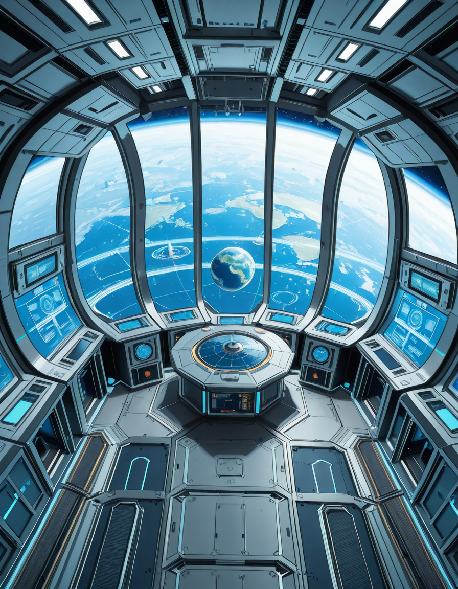 The interior of a massive orbital space station, high above a blue and green Earth-like planet. The setting is a panoramic observation deck with towering reinforced windows that curve around the structure, offering a breathtaking view of the planet below and the star-filled void beyond. The stationâs architecture is sleek and functional, blending advanced human technology with subtle design flourishes â brushed metal walls, glowing interface panels, and clean geometric lines.
Soft white lighting lines the floor and ceiling panels, while ambient blue lights provide a calming atmosphere. Transparent digital displays float in the air, projecting live telemetry, spacecraft traffic, and real-time planetary data in holographic form. In the center of the room, a circular command table displays a rotating 3D projection of the planet and orbital routes.
In the background, the low hum of life support systems and distant radio chatter add to the immersive realism. Cables and utility panels are subtly integrated into the environment, and security doors lead to other compartments of the station. The entire space feels controlled, precise, and filled with purpose â a hub of advanced civilization silently orbiting in the cold beauty of space.<lora:SDXLFaeTastic2400:0.4> <lora:extremely_detailed:0.4> extremely detailed,space station c0ntr0l c3nt3r, <lora:space_station_c0ntr0l_c3nt3r-i:1>, Masterpiece,best quality,hi res,8k,hi res,8k,award winning,(sharp focus, intricate, highly detailed),