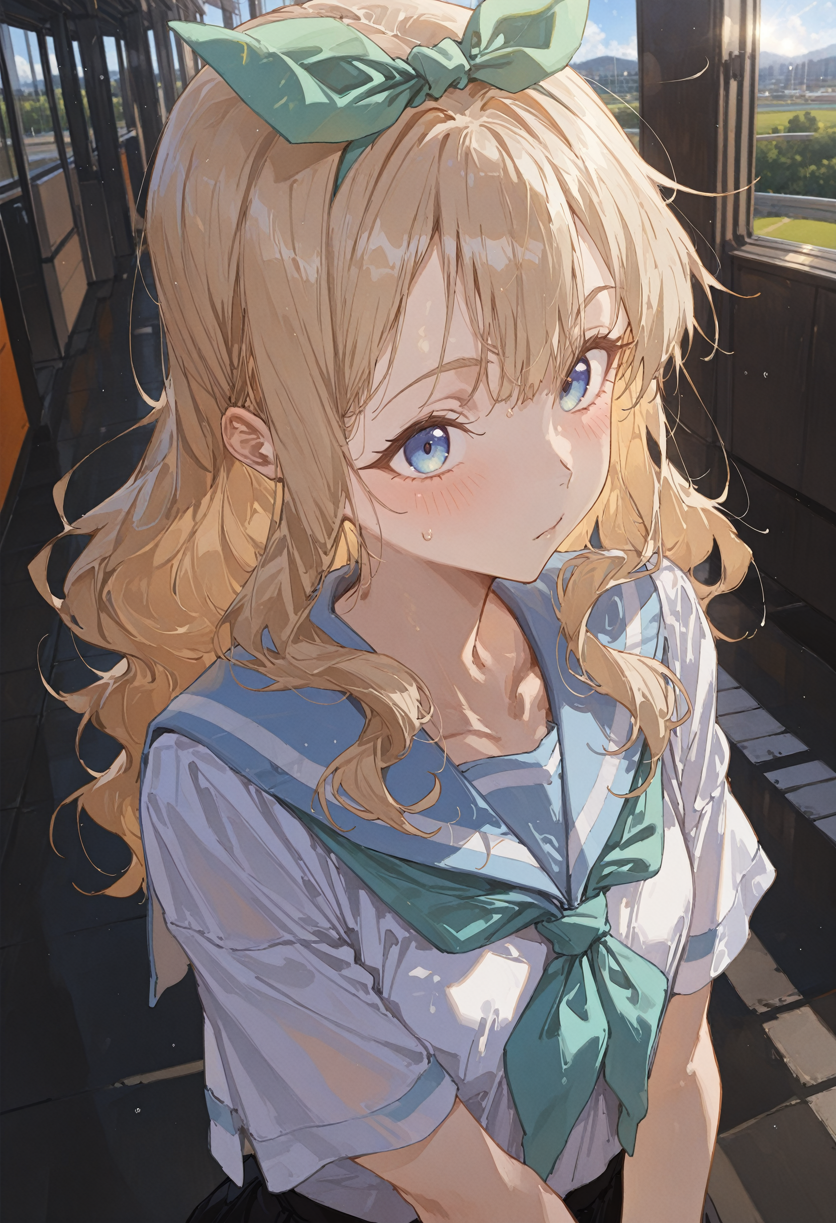 perfect quality,high quality,masterpiece,absolutely eye-catching,ambient occlusion,raytracing,best quality,amazing quality,very aesthetic,absurdres,newest,
vanishing point,portrait,looking_at_viewer,Eyebrow furrow,
yoshikawa yuuko, hibike! euphonium, 1girl, green eyes, long hair, brown hair, blonde hair, hair ribbon, hair bow,,on_back,v_arms,In the Jazz club,
<lora:HG2512 by CYQL:0.9>,HG2512,<lora:spo_sdxl_10ep_4k-data_lora_webui:0.7>,<lora:96YOTTEA-WAI:0.5>,<lora:EtherSDXL:0.5>,EtherStyle,