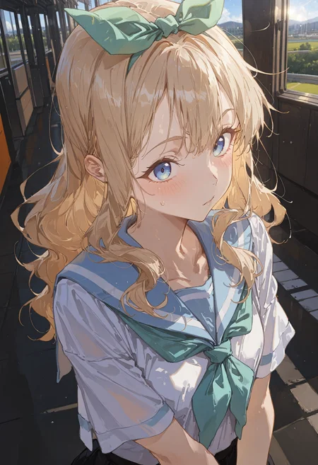 perfect quality,high quality,masterpiece,absolutely eye-catching,ambient occlusion,raytracing,best quality,amazing quality,very aesthetic,absurdres,newest,
vanishing point,portrait,looking_at_viewer,Eyebrow furrow,
yoshikawa yuuko, hibike! euphonium, 1girl, green eyes, long hair, brown hair, blonde hair, hair ribbon, hair bow,,on_back,v_arms,In the Jazz club,
<lora:HG2512 by CYQL:0.9>,HG2512,<lora:spo_sdxl_10ep_4k-data_lora_webui:0.7>,<lora:96YOTTEA-WAI:0.5>,<lora:EtherSDXL:0.5>,EtherStyle,