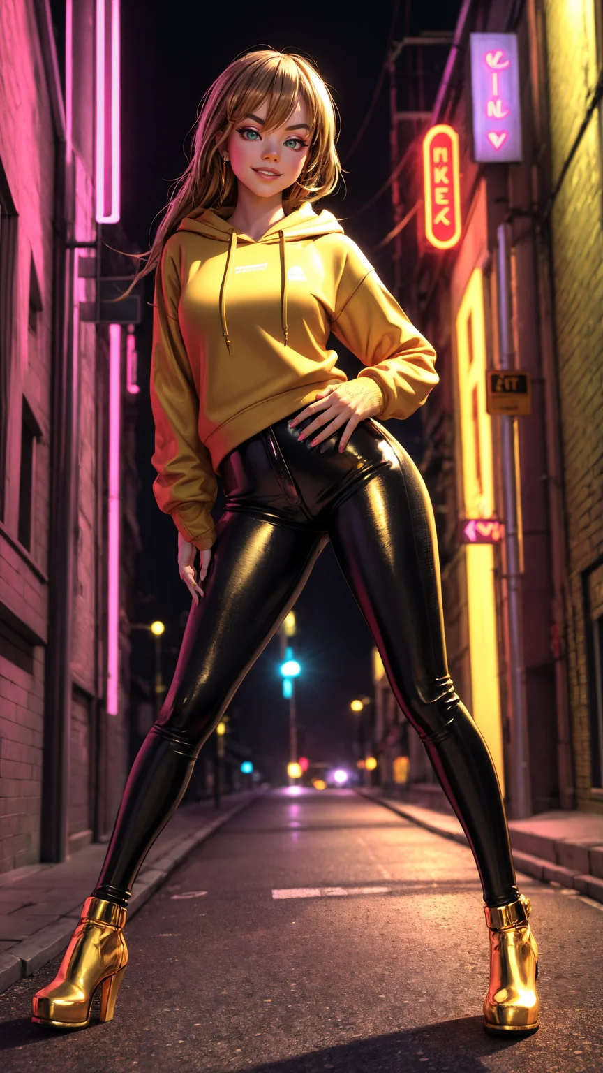 sydsweeney97, 3d background,
3D, extremely detailed, urban girl, leaning against wall, smirking, long brown hair with subtle highlights, golden hoodie, black leather pants with intricate gold lining, neon-lit alley, city night scene, soft glowing lights, perfect body proportions, detailed hands, vibrant colors
<lora:add_detail:0.4>