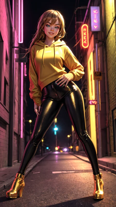 sydsweeney97, 3d background,
3D, extremely detailed, urban girl, leaning against wall, smirking, long brown hair with subtle highlights, golden hoodie, black leather pants with intricate gold lining, neon-lit alley, city night scene, soft glowing lights, perfect body proportions, detailed hands, vibrant colors
<lora:add_detail:0.4>