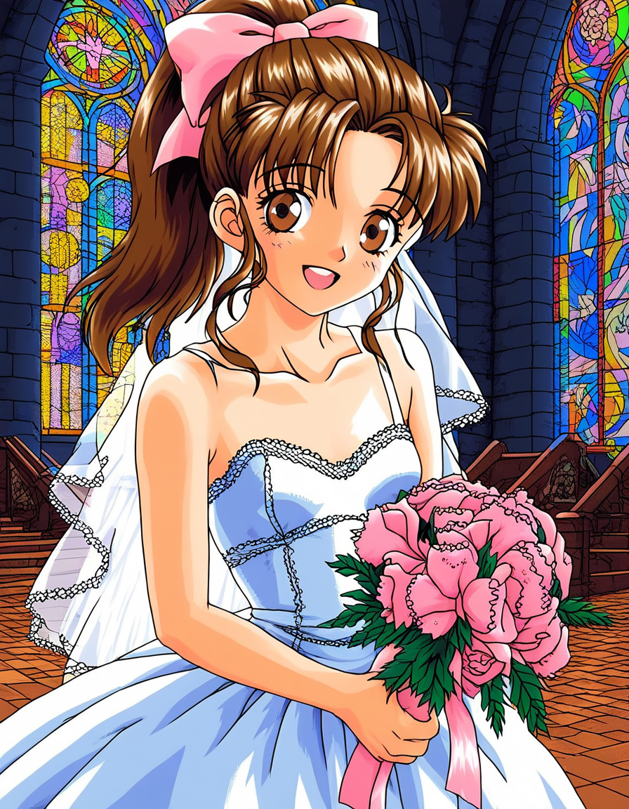 score_9, score_8_up, score_7_up, source_anime, rating_explicit, BREAK   <lora:Nut_Berry_girl_XL:0.9> Nut_Berry_girl, brown hair, brown eyes, ponytail, small breasts, long hair, pink bow, smile, open mouth,
1girl, wedding dress, church, flower, bouquet, church, Stained glass,holylight,
smile,
looking at viewer, 
cowboy_Shot,