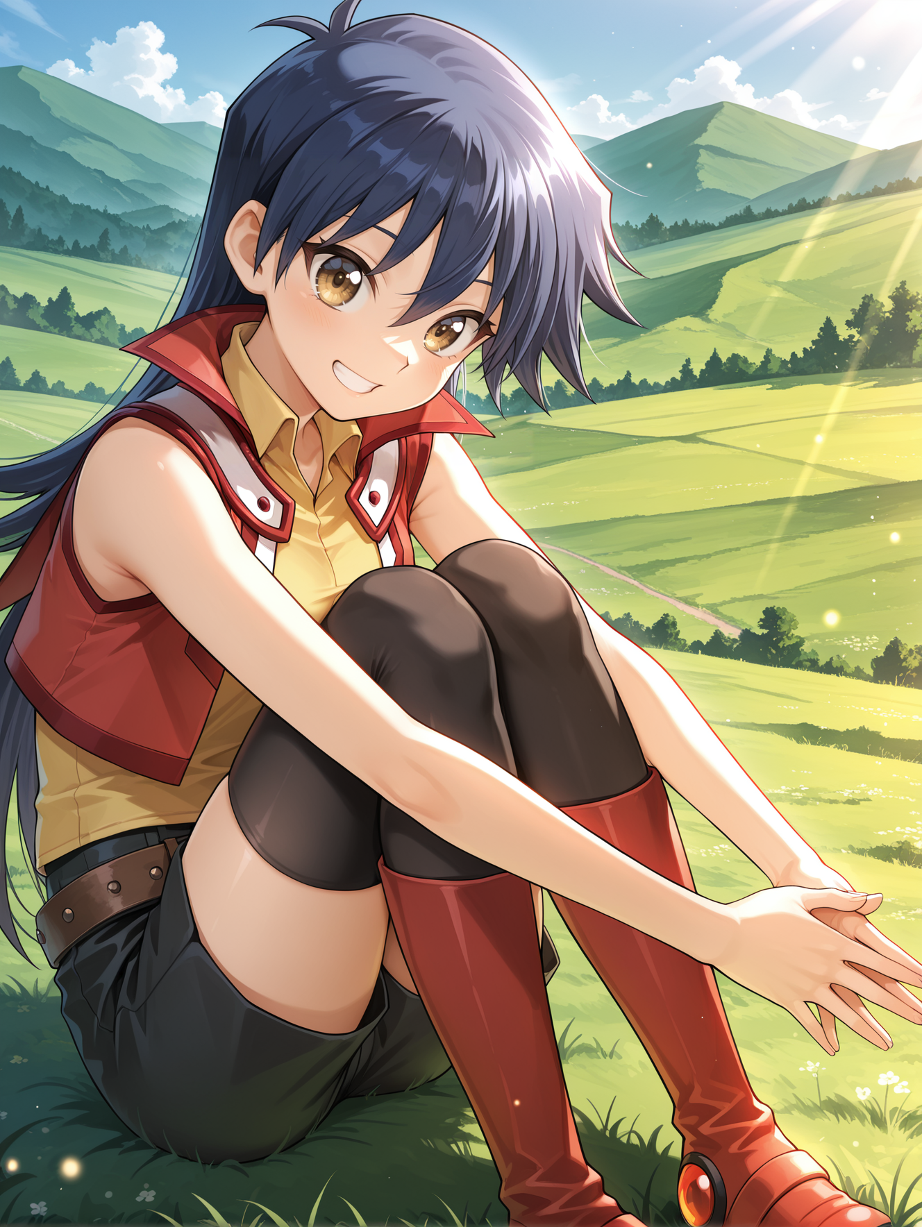 saotome rei,1girl,duel academy uniform \(yu-gi-oh! gx\),solo,smile,grin,shiny hair,knees to chest,looking at viewer,sitting,bare arms,zettai ryouiki,own hands together,red vest,yellow sleeveless shirt,black shorts,brown belt,black thighhighs,red knee boots,outdoors,hill,on grass,
masterpiece,best quality,amazing quality,very aesthetic,absurdres,newest,scenery,extreme detail,8k,light particles,soft lighting,volumetric lighting,intricate details,finely detailed,detailed eyes,<lora:Saotome Rei illusXL v1:0.73>,