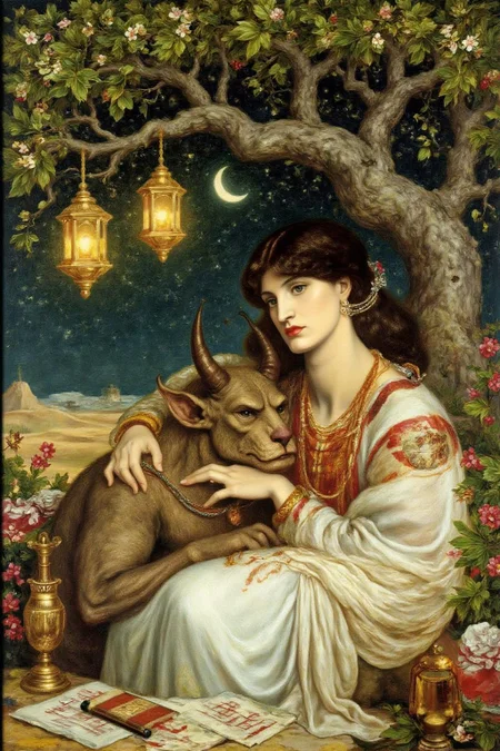 dgr painting.
a scene from Arabian Nights, rendered in intricate, colorful detail. A beautiful woman and a sleeping demon. The woman sits gracefully under a sprawling tree with lush, curving branches and hanging vines. She has striking, almond-shaped eyes, dark flowing hair, and wears elegant traditional attire with ornate jewelry that glimmers softly under the moonlight. Her expression is calm and serene as she gazes thoughtfully into the distance. Resting his head gently on her lap is a large demon with a powerful, otherworldly presence. The demon, though fearsome in size, appears vulnerable as he lies beside her. His skin has a muted, earthy tone, and his features--sharp and beastly--are softened by a look of weary contentment. His claws are retracted, and he exudes a mixture of strength and peace in her presence. The tree's twisted branches arc above them, framing the scene like a natural canopy. Golden lamps hang from the tree, casting warm, soft light, illuminating the two figures in a magical glow. The background is a deep, starry night, with hints of distant desert dunes and a crescent moon overhead, creating an enchanting and mystical ambiance that draws the viewer into this world of fantasy and myth.
  <lora:dgr1_cap_d6a3e8:1.0><lora:819490798425938319:0>