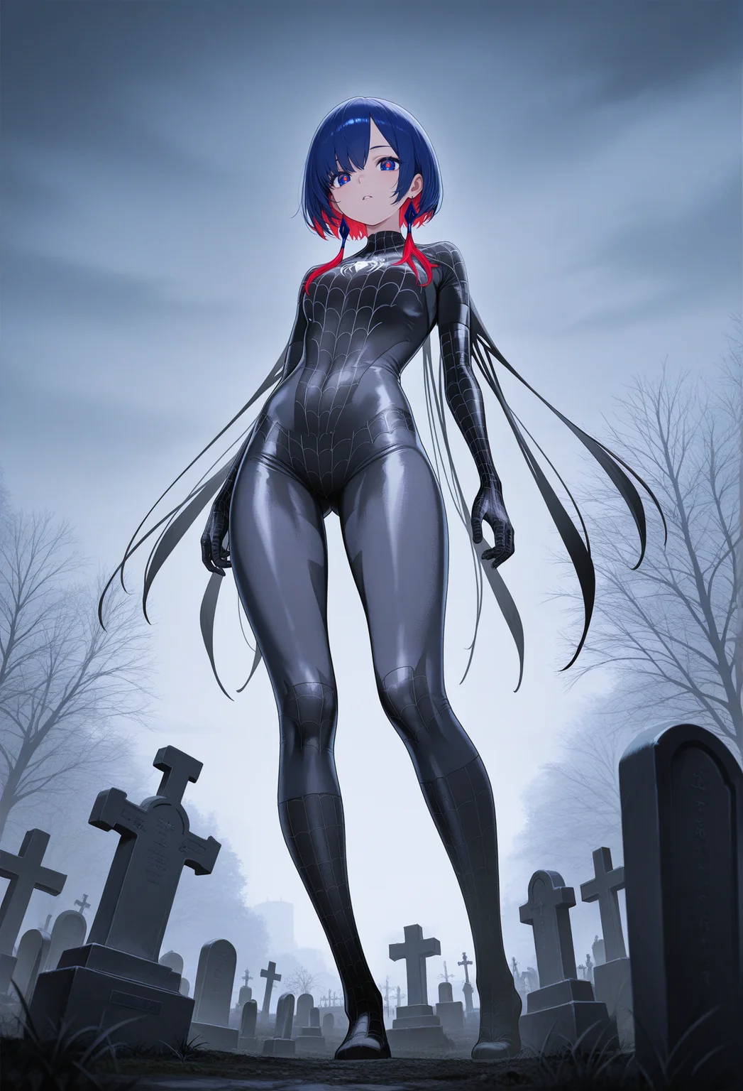 from below, standing, 1girl, solo, grey spider-man bodysuit, koko \(kamitsubaki studio\), kamitsubaki studio, cemetery
<lora:spiderman2-10:1>, masterpiece,best quality,amazing quality,