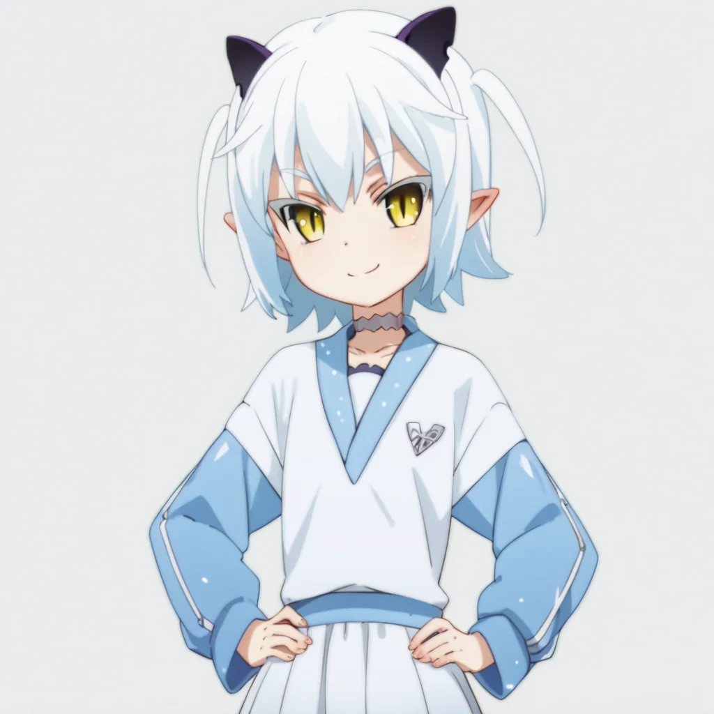 score_9, score_8_up, score_7_up, score_6_up, score_5_up, score_4_up, source_anime, , Shiroyasha, blue hair, white hair, yellow eyes, short hair, pointy ears, slit pupils, horns, choker, , soft smile, standing, hands on hips