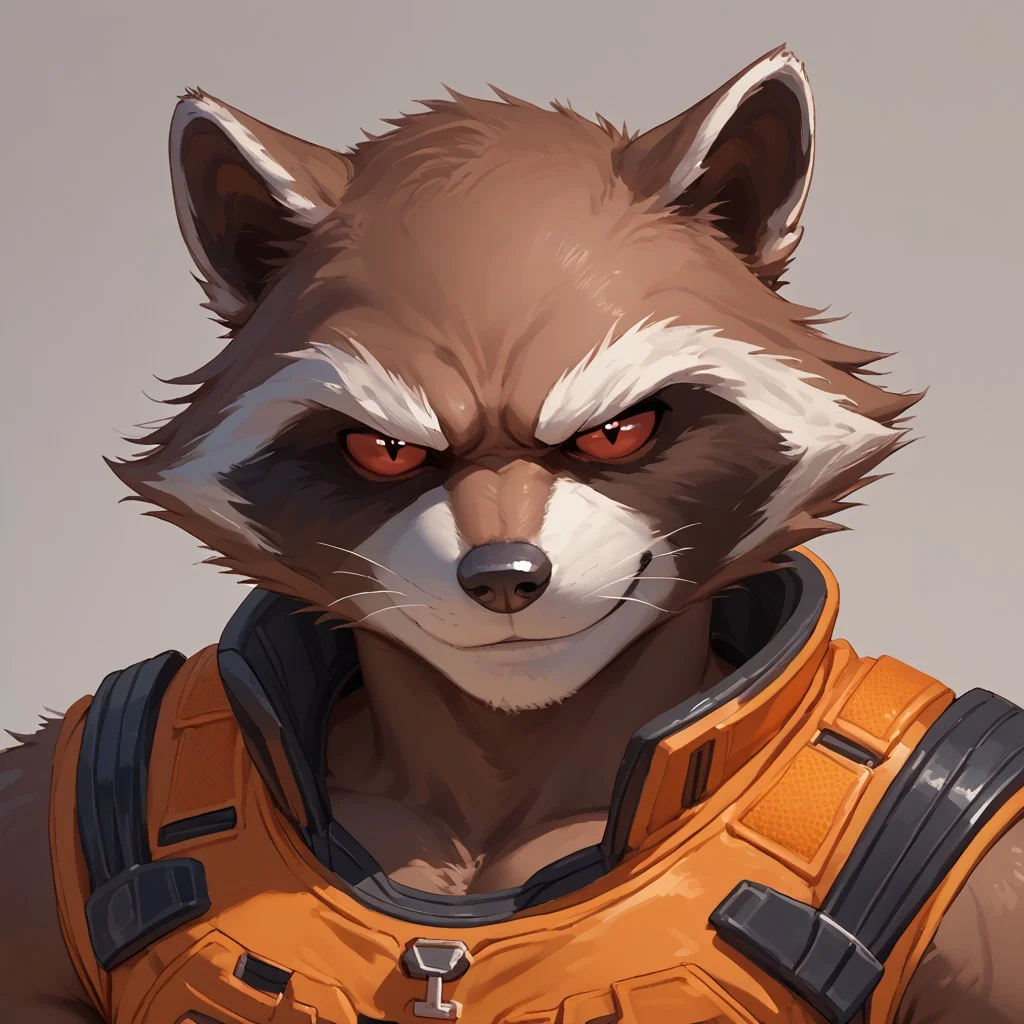 Score_9, score_8_up, score_7_up, score_6_up, 1boy, solo, Rocket Raccoon, bara, red eyes, colored sclera, orange suit, close up, expressiveh,