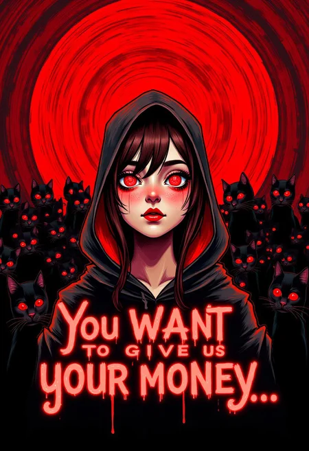 large red glowing text that says: "You want to give us your money...", aidmatextimprover, Drawing, pop art, sketch, retro horror movie,
cute anime woman, hood, spiral eyes, large spiral, crowd of black cats on the background, occult, hypnosis,