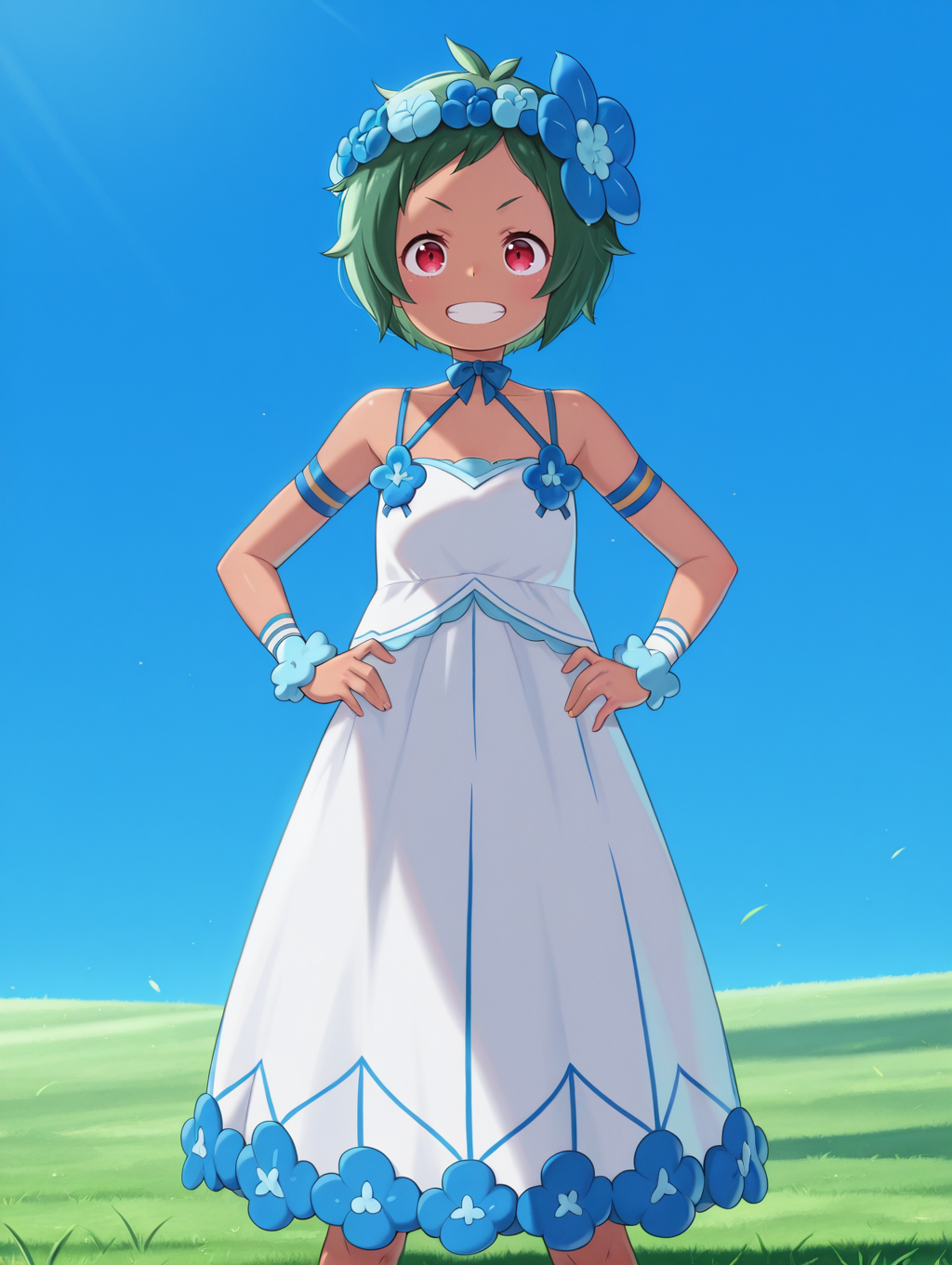 <lora:Typhon Illu:1>1girl, solo,
typh0n, green hair, short hair, dark skin, red eyes, 
tdr3ss, head wreath, blue hair flower, sundress, criss-cross halter, blue flower, arm straps, wrist cuffs,  blue bowtie, 
standing, hands on own hips, grin, 
blue sky, grass,
full body, cowboy shot,, masterpiece, best quality, amazing quality
