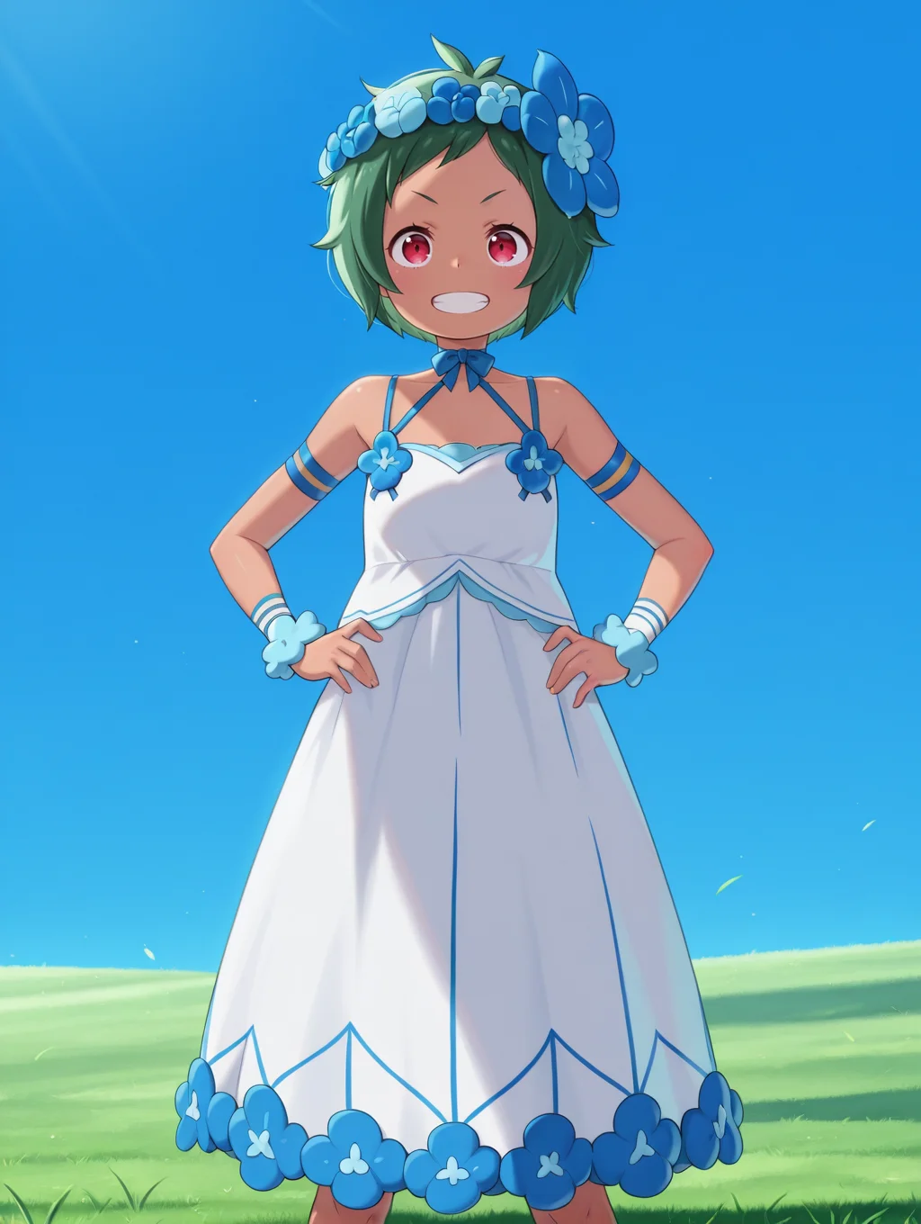 <lora:Typhon Illu:1>1girl, solo,
typh0n, green hair, short hair, dark skin, red eyes,
tdr3ss, head wreath, blue hair flower, sundress, criss-cross halter, blue flower, arm straps, wrist cuffs, blue bowtie,
standing, hands on own hips, grin,
blue sky, grass,
full body, cowboy shot,, masterpiece, best quality, amazing quality