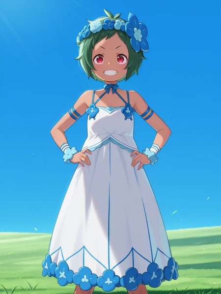 <lora:Typhon Illu:1>1girl, solo,
typh0n, green hair, short hair, dark skin, red eyes,
tdr3ss, head wreath, blue hair flower, sundress, criss-cross halter, blue flower, arm straps, wrist cuffs, blue bowtie,
standing, hands on own hips, grin,
blue sky, grass,
full body, cowboy shot,, masterpiece, best quality, amazing quality