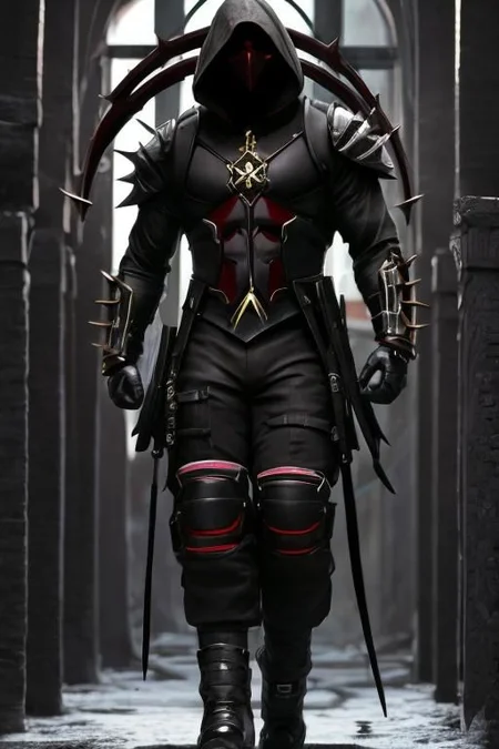 heromkr2023, 8k, uhd, best quality, masterpiece, full body, 1man, dingy masked hero, (((intimidating appearance))), thorns, (((dangerous))), ((cold night))), 5caryma5k, (((very scary))), Scythe, fresh out of hell