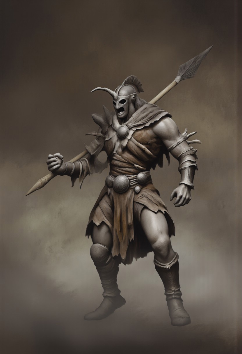 aidmaMJ6.1, Made out of paper, a PaperStyle , d4artstyle, d4concept, , d00mstyle, made of clay, ZBClay model of a gray sculpture
A warrior-like insectoid creature resembling an ant, with a humanoid posture and chitinous exoskeleton. Its segmented body features multiple limbs, including two powerful arms wielding a spear and a set of shorter limbs for additional stability. The exoskeleton is a mix of earthy tones, providing natural camouflage, and is adorned with primitive armor made from natural materials like leather and bone. The head is distinctively ant-like, with mandibles and antennae, and a helmet crafted from metal or chitin that serves as additional protection. Its posture conveys discipline and readiness for combat, suggesting intelligence and a well-organized society. The design blends elements of tribal culture with insectoid anatomy, emphasizing the creature's role as a soldier and defender.
Background solid color with a faded dimly lit, fog-covered darkness tone that emphasizes its silhouette. 
 The medium is not a traditional painting or illustrative medium like watercolor or ink but rather a digital rendering, eerie and unsettling.
