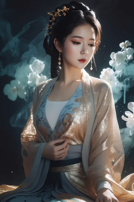 Double Exposure Style, Volumetric Lighting, a girl with Sequin dress,contrapposto,Traditional Attire,Artistic Calligraphy and Ink,, light depth, dramatic atmospheric lighting, Volumetric Lighting, double image ghost effect, image combination, double exposure style