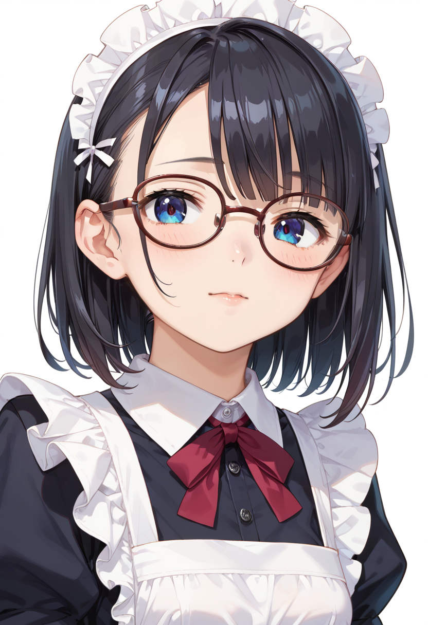 score_9, score_8_up, score_7_up, rating_safe, masterpiece, best quality, absurdres, unity 8k wallpaper, official art, official style, source_anime, uncensored, game cg, megami magazine,
1girl, solo, black hair, medium hair, upper body, covered eyes,maid, maid headdress, black dress, maid apron, face focus,
oval_metal, glasses, still life, white background, simple background, black-framed eyewear,
 <lora:glasses_OvalMetal2_PONY_V1:1>