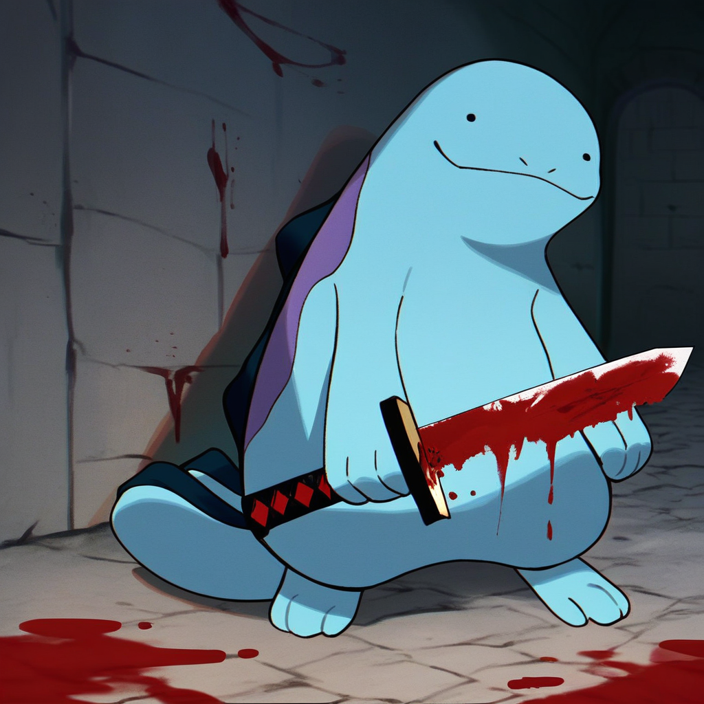 Score_7_up, score_8_up, Quagsire, pokemon (creature), blue body, simple face, holding sword, smile, closed mouth, covered in blood, blood on sword, dungeon setting, dark dungeon, 