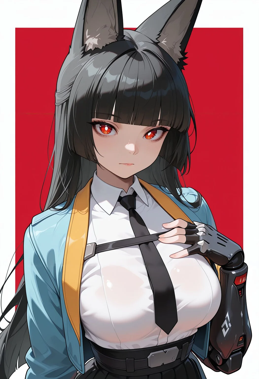 masterpiece,best quality,amazing quality,sharp details, vivid color <lora:miyabi_zzz _ilxl_goofy:1> miyabizzz, 1girl, fingerless gloves, black necktie, black gloves, medium breasts, white shirt, looking at viewer, upper body, black skirt, collared shirt, closed mouth, hand on own chest, bright pupils, white pupils, open clothes, two-tone background, red background, simple background, hand up, blue jacket, blunt bangs,mechanical arms,