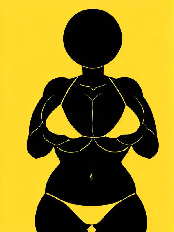 <lora:wrnsignPDXL_11a:1>  yellow background, yellow lineart, black body, flat colors, front view, solo, humanoid, female, big breasts, yellow bikini, breast grab