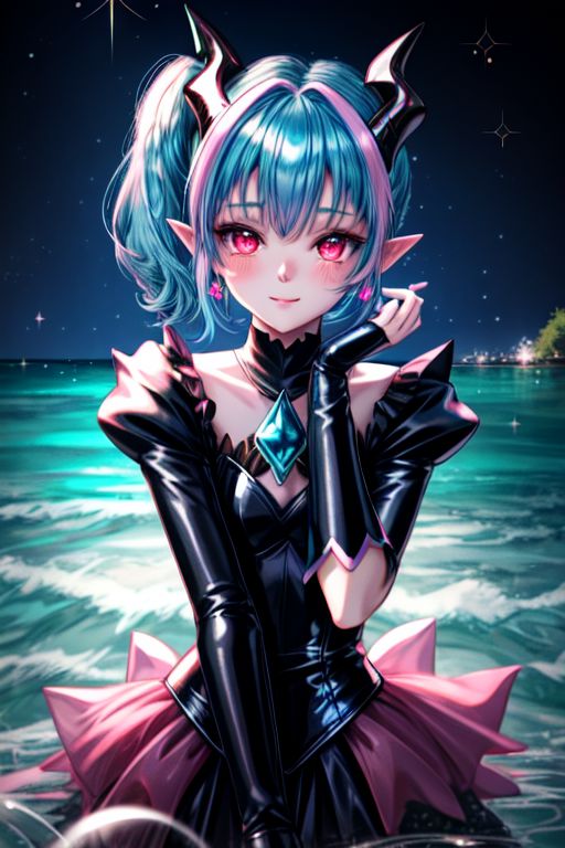 EvlSM, DarkPrecure, Bad_End_Precure, professional image of a cute young woman, (frilly elegant glossy dark holographic dress, crescent brooch, crescent earrings, crescent accessories:1.2),
(blue water dragon horns, blue water dragon tail:1.3), (short hair, side ponytail, hair above cheeks, light blue hair with light pink hairtips, gradient hair, multicolored hair:1.4), red eyes, (small breasts, cute face, innocent, shy, pointy ears:1.1), (sparkles, sparkling clothes, sparkles near eyes:1.3),
(intricate aquatic background, underwater, sparkling water, ocean floor, corral reef, bubbles:1.2), 
(ultra wide angle shot, cinematic style, absurdres, incredibly absurdres, huge filesize, extremely detailed, High quality texture, physically-based rendering, Ray tracing, octane render, sharp focus, (8k), (4k), (Masterpiece), (Best Quality), extremely detailed, intricate, hyper detailed, illustration, soft lighting, high resolution, sharp detail,)
