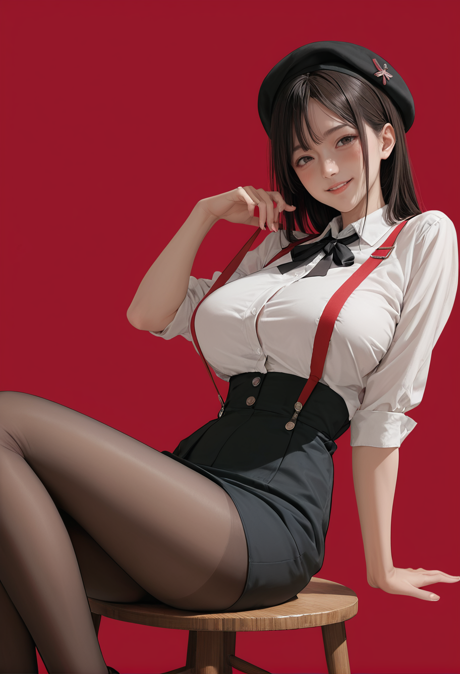 1girl,solo,red background,,ruanyi0902,beret,black ribbon,collared shirt,black pantyhose,high-waist skirt,white shirt,suspenders,
sitting,stool,<lora:0902 Home wear 5_v1_pony:0.6>, score_9, score_8_up, score_7_up, score_6_up, score_9, score_8_up, score_7_up, score_6_up source_anime, blush, 1girl, seduce smile, perfect body , natural huge breasts