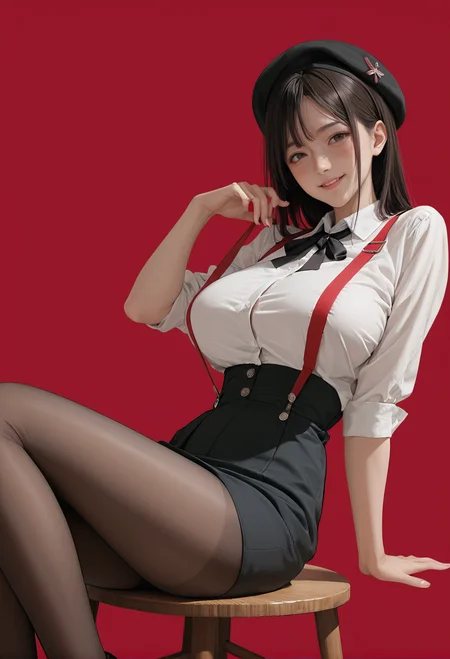 1girl,solo,red background,,ruanyi0902,beret,black ribbon,collared shirt,black pantyhose,high-waist skirt,white shirt,suspenders,
sitting,stool,<lora:0902 Home wear 5_v1_pony:0.6>, score_9, score_8_up, score_7_up, score_6_up, score_9, score_8_up, score_7_up, score_6_up source_anime, blush, 1girl, seduce smile, perfect body , natural huge breasts