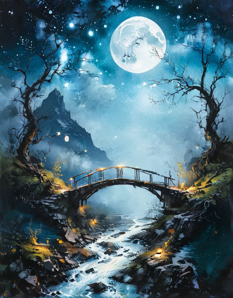 (masterpiece), (best quality), (ultra-detailed), A painting of mountain with a bridge and a river at night with galaxy and a full moon in the sky, fantasy art <lora:MoreArtFull_v1:0.8> <lora:Desolation:0.8>, illustration, perfect composition, intricate details, detailed background