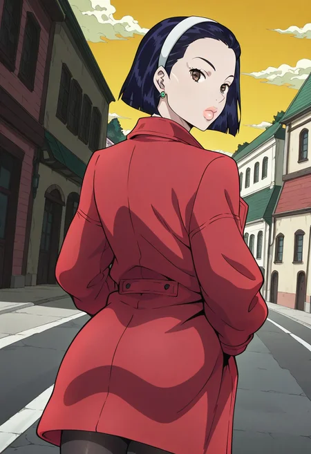 (masterpiece, amazing quality, best quality, anime coloring),very aesthetic, illustration, perfect composition, intricate details, absurdres, incredibly absurdres, sexy,(((1girl,solo,TomokoHigashikata, Short Hair, Black Hair, Brown Eyes, Earrings, Lips, White Hairband, Red Coat, Black Leggings,Original Style,perfect face,detailed eyes,standing,looking back,looking at viewer))),from behind,cowboy shot,dutch angle,outdoors,street,yellow sky,clouds
