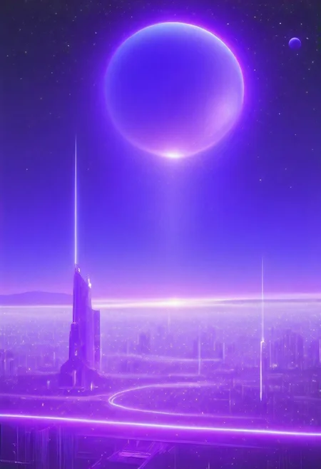 High quiality, high resolution, high definition,
Magical city with skyscrapers, a planet with purple colors and lines that emit white light surrounded by a planet ring, with the view from behind a cat looking towards the city, citybkg, anime style, high ilumination, galaxy sky, calid colours, spacial station