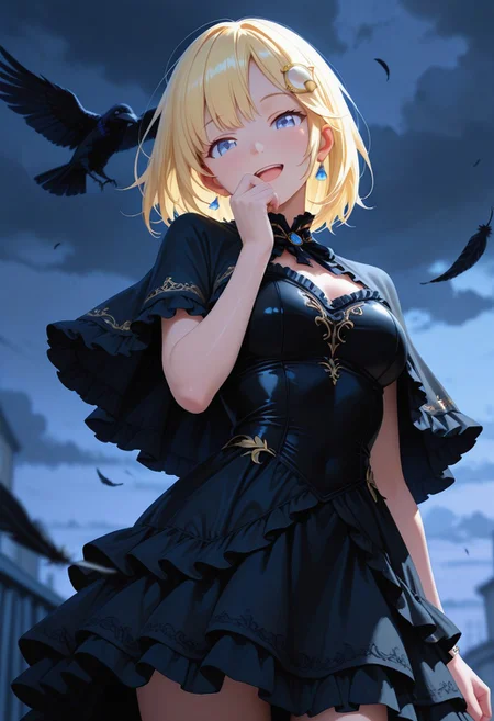 ultra realistic, masterpiece, high detailed skin, best quality, high res, very aesthetic, anime style, studio anime, source_ecchi, anime,blurry background, bright colors, stunningly artwork,(finely detailed face),
(blurry background, depth of field:1.1),
((Hololive,virtual youtuber, Amelia watson)),,
((sfw:2.0)), ((athletic figures)),(detailed face and eyes), (dramatic lighting), (glossy skin: 1.2), luxurious, night,(black dress, capelet, jewelry, falling feathers, crow, cloudy sky, smile, open mouth, head tilt, cowboy shot, from below, looking at viewer, frills, layered dress, dark clouds, hand to own mouth, standing)