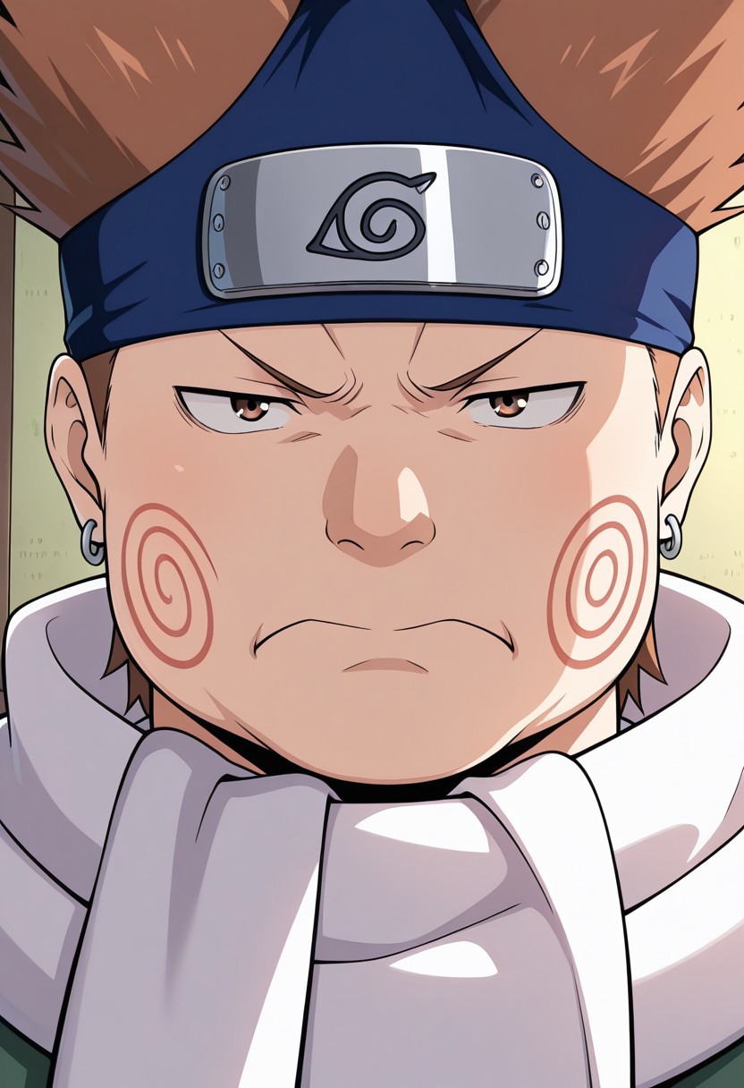 masterpiece, best quality, amazing quality, choji akimichi, 1boy, fat, male focus, brown short hair, short hair tied upwards, pointed top hairstyle, headband, inverted triangle headband, fat face, cheek swirl pattern, white scarf, 1boy, male focus, solo, earrings, ninja, frown, closed mouth, konohagakure symbol, serious, close mouth, face pov, close up, portrait, light,