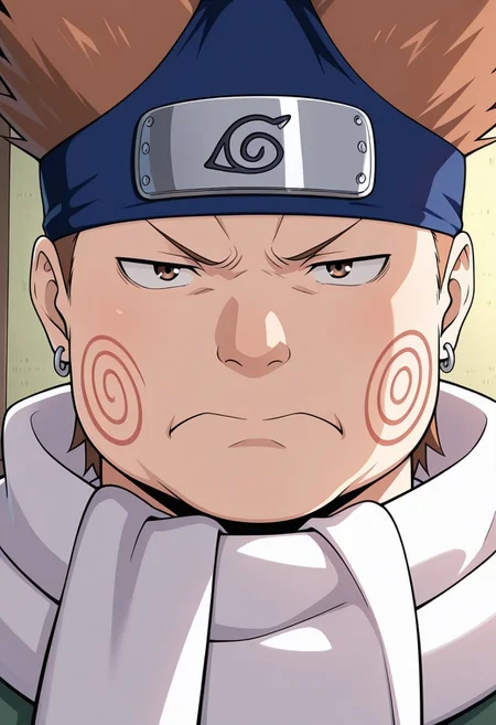 masterpiece, best quality, amazing quality, choji akimichi, 1boy, fat, male focus, brown short hair, short hair tied upwards, pointed top hairstyle, headband, inverted triangle headband, fat face, cheek swirl pattern, white scarf, 1boy, male focus, solo, earrings, ninja, frown, closed mouth, konohagakure symbol, serious, close mouth, face pov, close up, portrait, light,