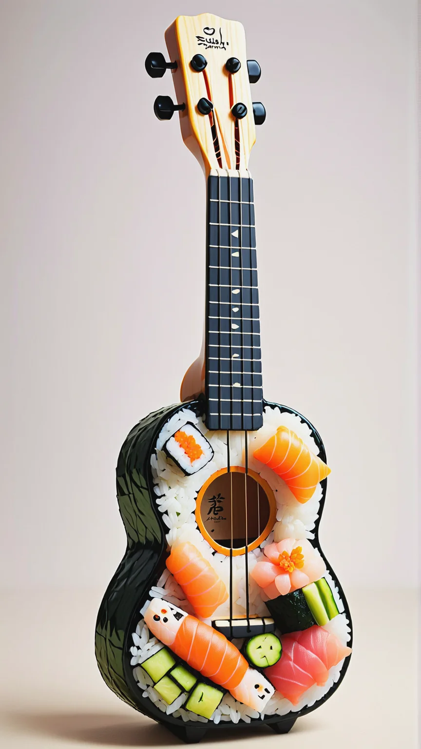 <lora:SushiStyleXL:1>SushiStyle Ukulele, made out of sushi, sashimi, rice, (japanese:0.5), crafted with sushi, (Masterpiece:1.3) (best quality:1.2) (high quality:1.1)