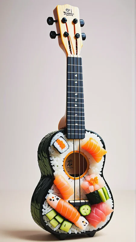 <lora:SushiStyleXL:1>SushiStyle Ukulele, made out of sushi, sashimi, rice, (japanese:0.5), crafted with sushi, (Masterpiece:1.3) (best quality:1.2) (high quality:1.1)