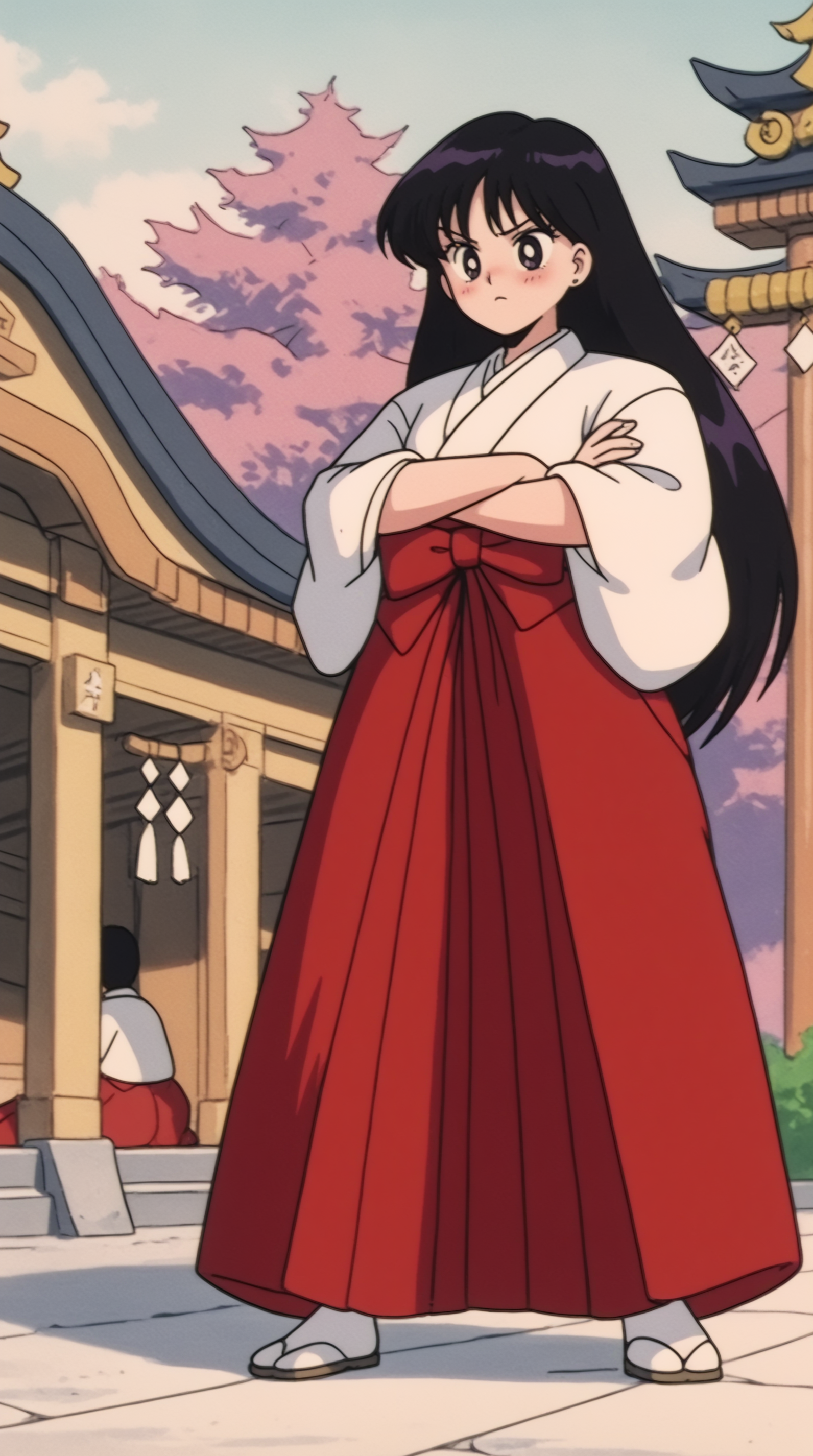 score_9, score_8_up, score_7_up, best background, detailed background, 4k, upscale, anime_source  Rei Hino, Miko Costume, solo, red hakama, tree, crossed arms, shrine, full body, blush,  <lora:JN_Rei_Hino_Pony:0.8>